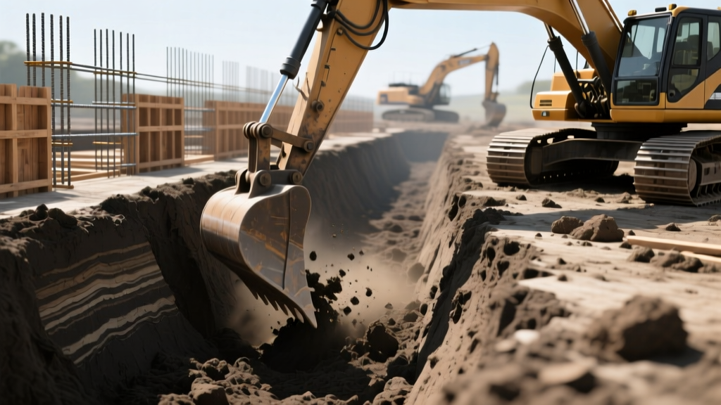 Excavator digging a deep basement foundation trench in dense clay soil with wooden forms and steel rebar visible in background