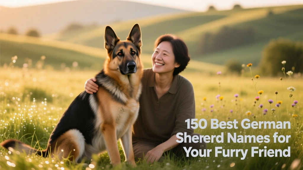 A friendly German Shepherd sitting calmly beside their owner on a sunlit grassy field