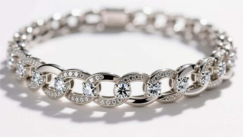 Macro view of a chunky diamond link necklace with thick platinum bezel settings, showing detailed metalwork and brilliant facets.
