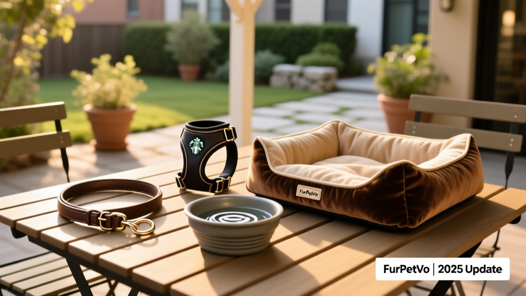 A collection of premium dog gear from FurPetVo displayed neatly on a sunlit patio table next to a water bowl and leash