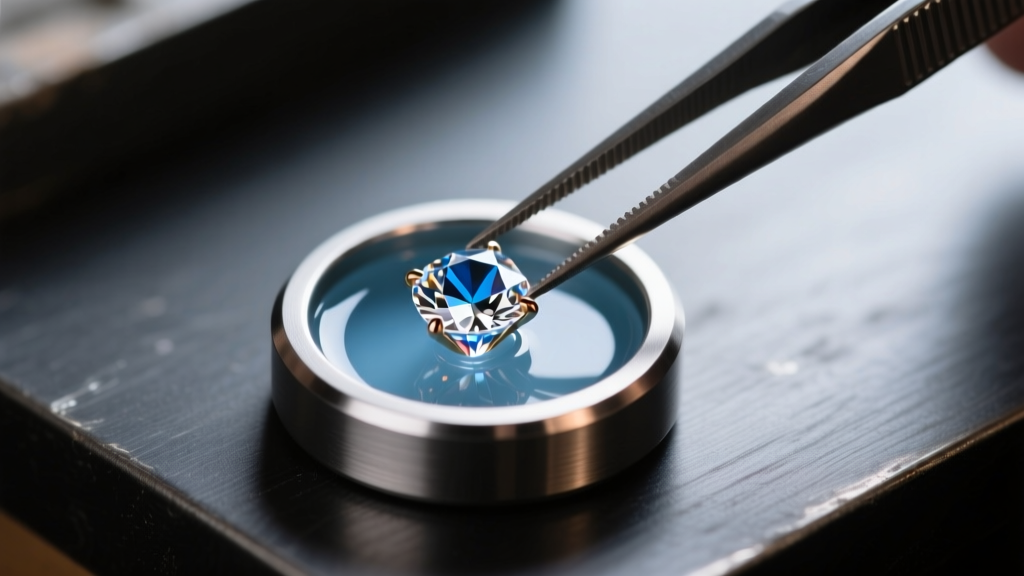 Tweezers placing a small cubic zirconia into a titanium bezel cup filled with partially cured UV resin on a dark workbench