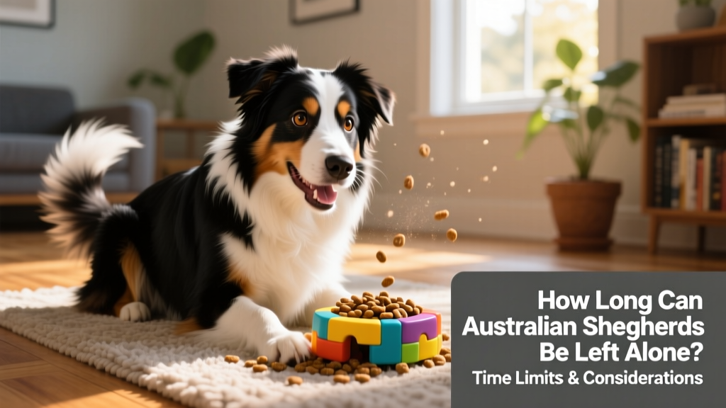 Australian Shepherd happily engaged with a puzzle toy filled with kibble, sitting on a rug near a window
