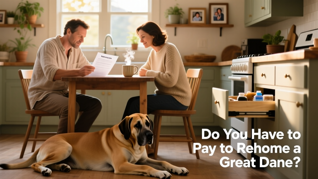 Two adults reviewing a printed adoption agreement together at a kitchen table, with a relaxed Great Dane nearby