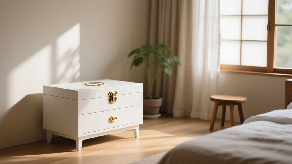 Matte white armoire jewelry box with brushed brass hardware standing in a sunlit, minimalist Japandi bedroom with soft linen curtains