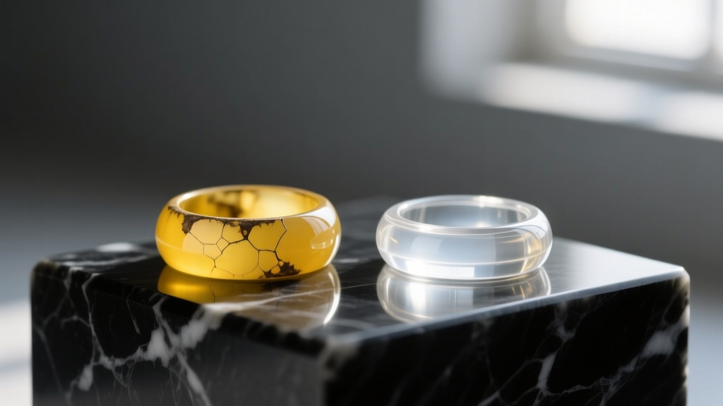 Yellowed vintage epoxy compared to a clear UV-stabilized resin cremation ring resting on a jeweler's wooden workbench