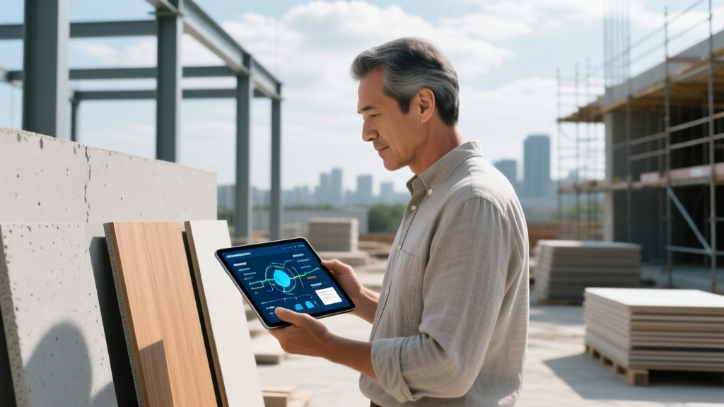 Architect reviewing standardized fiber cement cladding samples and digital supply chain logistics on a tablet at a build site.
