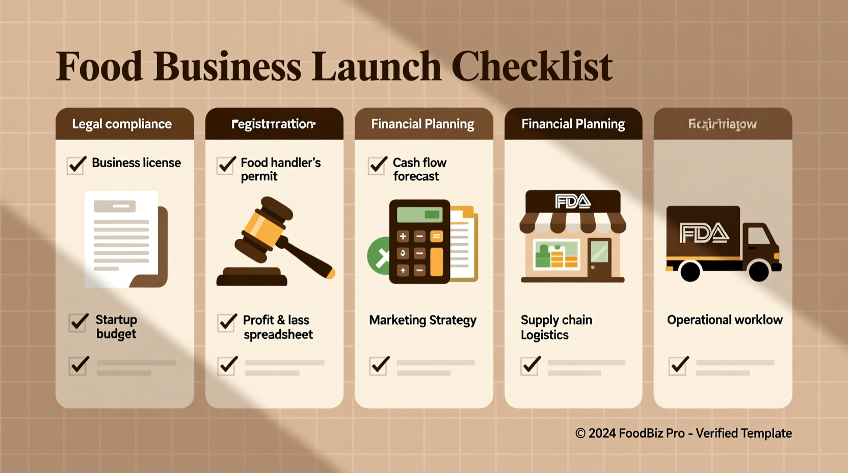 Food business planning checklist with legal documents and financial spreadsheets