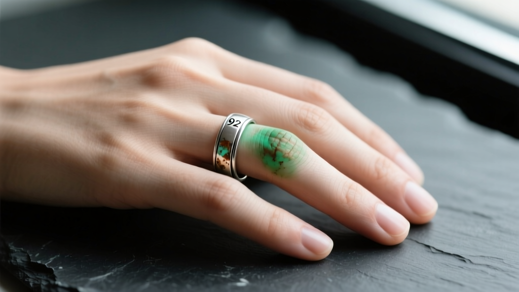 A hand showing a faint green stain on the ring finger next to a tarnished 925 silver band resting on a dark slate surface.