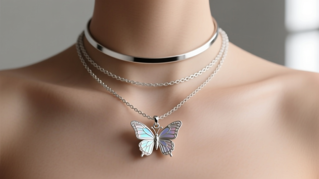 Layered necklace stack with a delicate Brighton butterfly pendant on an 18-inch chain paired with a simple silver choker necklace