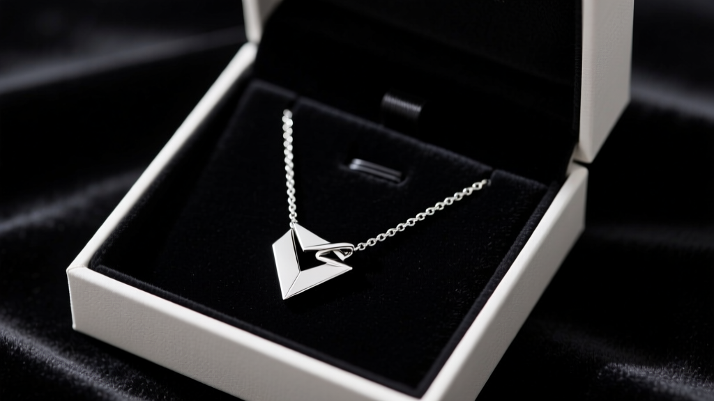Open gift box holding a sterling silver lariat no clasp necklace with a sliding geometric pendant on a dark velvet background.