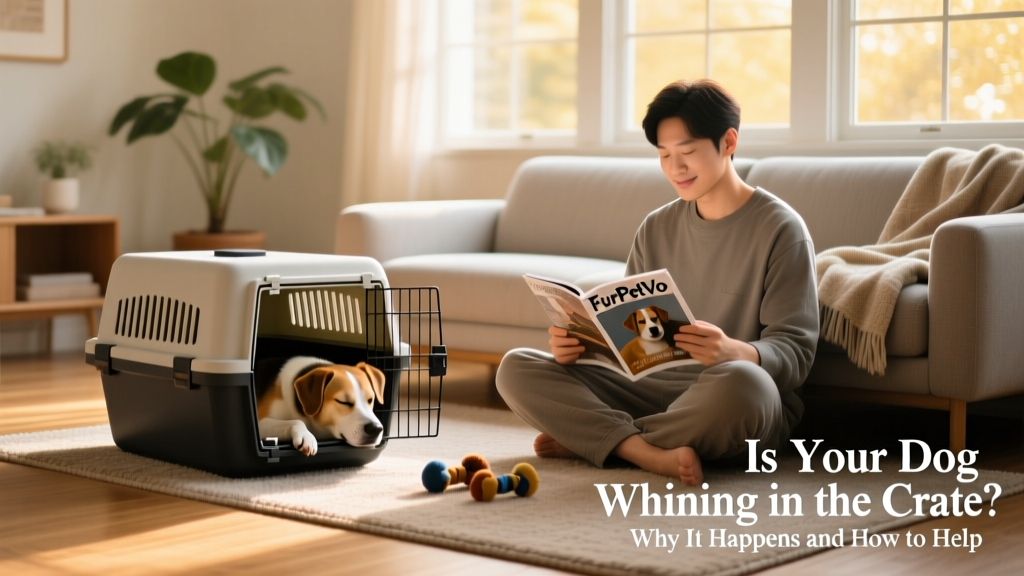 A FurPetVo crate placed beside a sofa in a sunlit living room, with a dog resting calmly inside while their person reads nearby