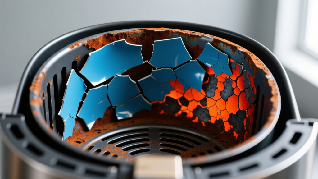 Cross-section macro photography showing peeling PTFE non-stick coating on a cheap metal air fryer baking barrel revealing rusted carbon steel beneath