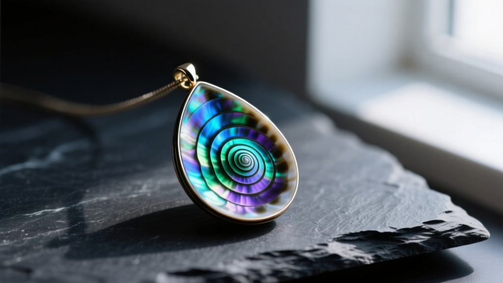 Close-up of a teardrop abalone pendant necklace on dark slate, showcasing vibrant blue and green iridescent shell patterns.