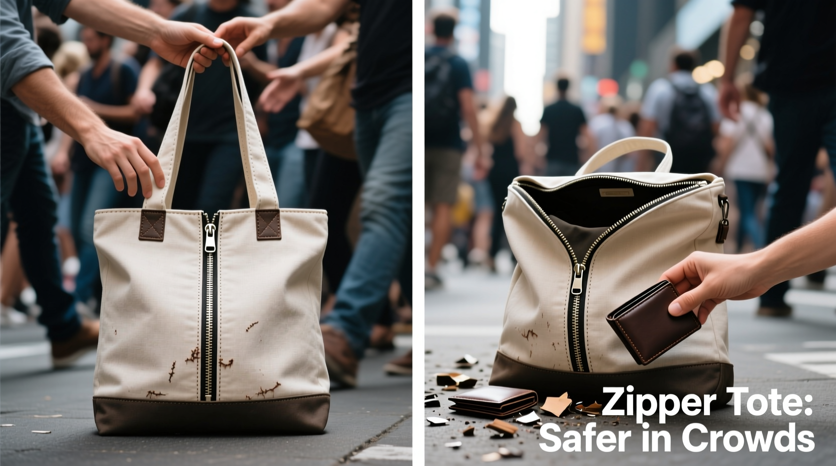 tote bag with zipper vs open top which is actually safer in crowds