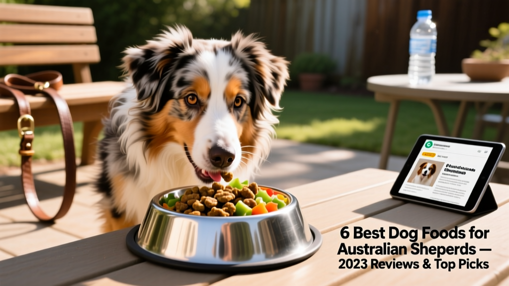 Australian Shepherd eating from a stainless steel bowl with fresh food visible