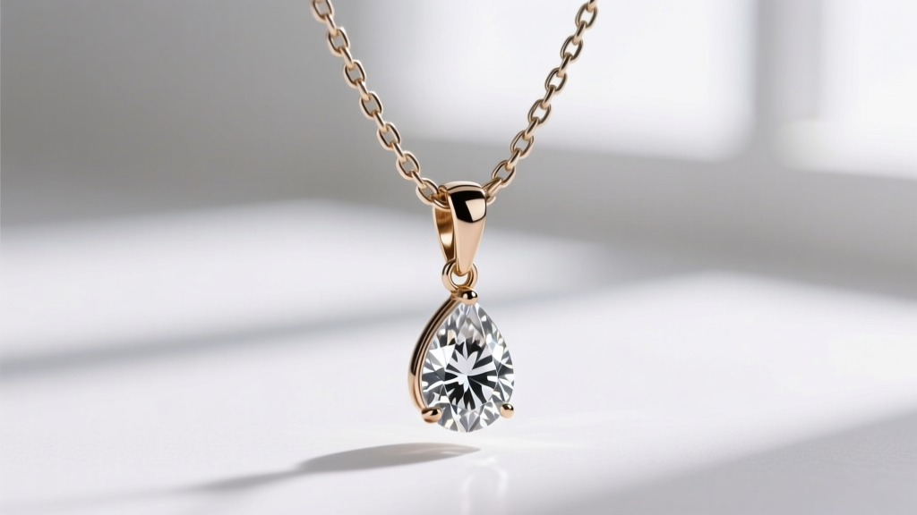 Close-up of a hidden diamond bail connecting a teardrop pendant to a 1.1mm box chain, showing seamless metal integration.