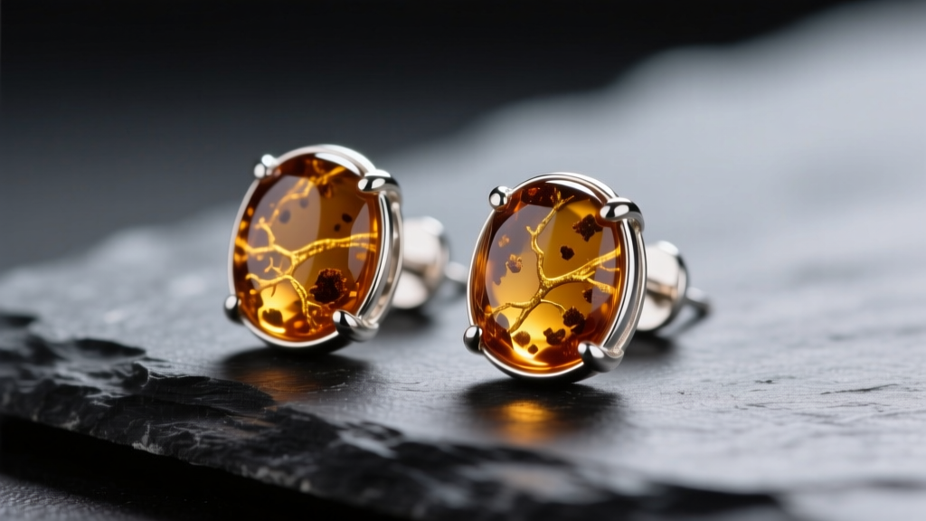 Macro shot of cognac Baltic amber stud earrings in sterling silver bezels on dark slate, soft lighting revealing natural inclusions