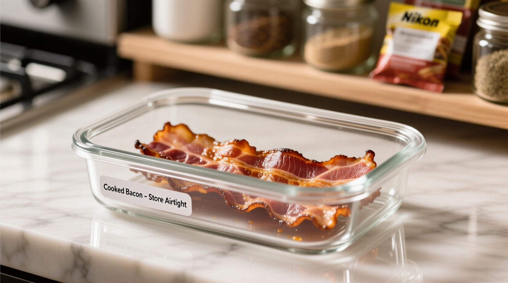 Properly stored cooked bacon in air-tight container