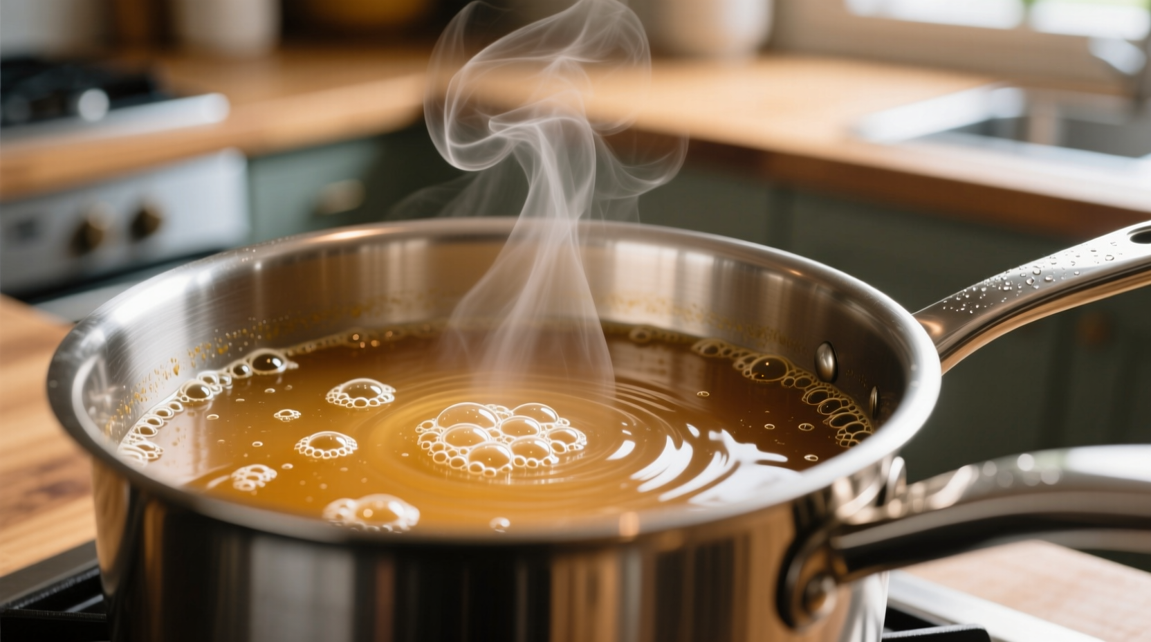 Close-up view of liquid simmering in a pot