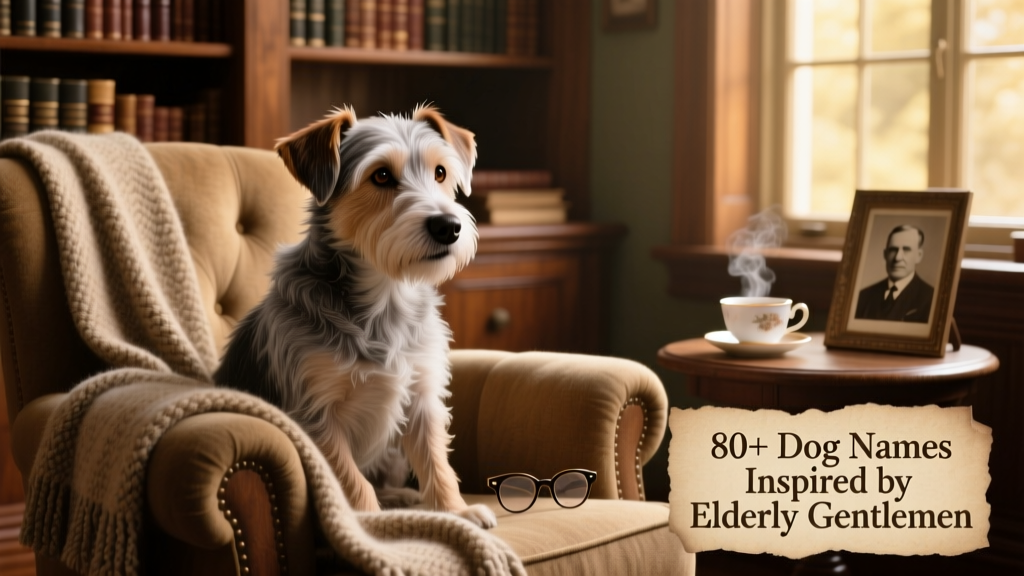 A gentle senior terrier mix gazing thoughtfully from a cozy armchair