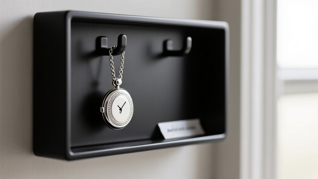 Small anti-tarnish strip tucked discreetly behind a hanging sterling silver locket on a matte black metal wall organizer