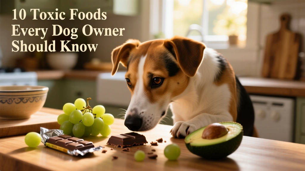 A dog curiously sniffing at a kitchen counter with visible food items like grapes, chocolate, and avocado nearby