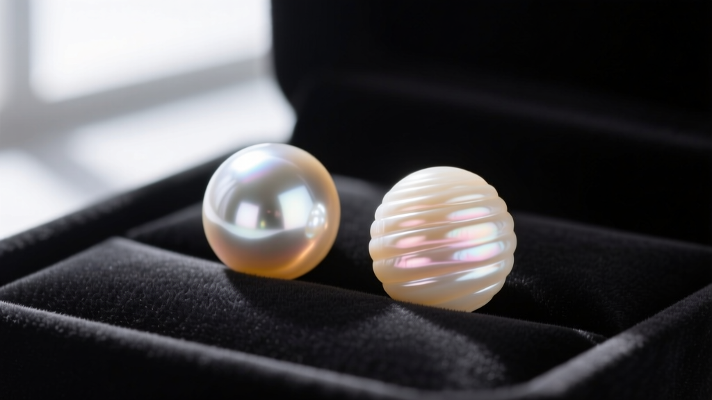Macro shot comparing a high-luster Akoya pearl and a banded freshwater pearl side-by-side on a dark jeweler's velvet grading pad.