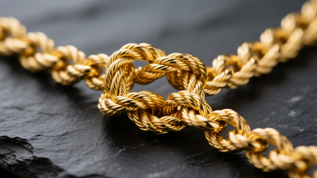 Macro photo of a tightly tangled 18k yellow gold rope chain forming a severe knot on dark slate under soft studio lighting.