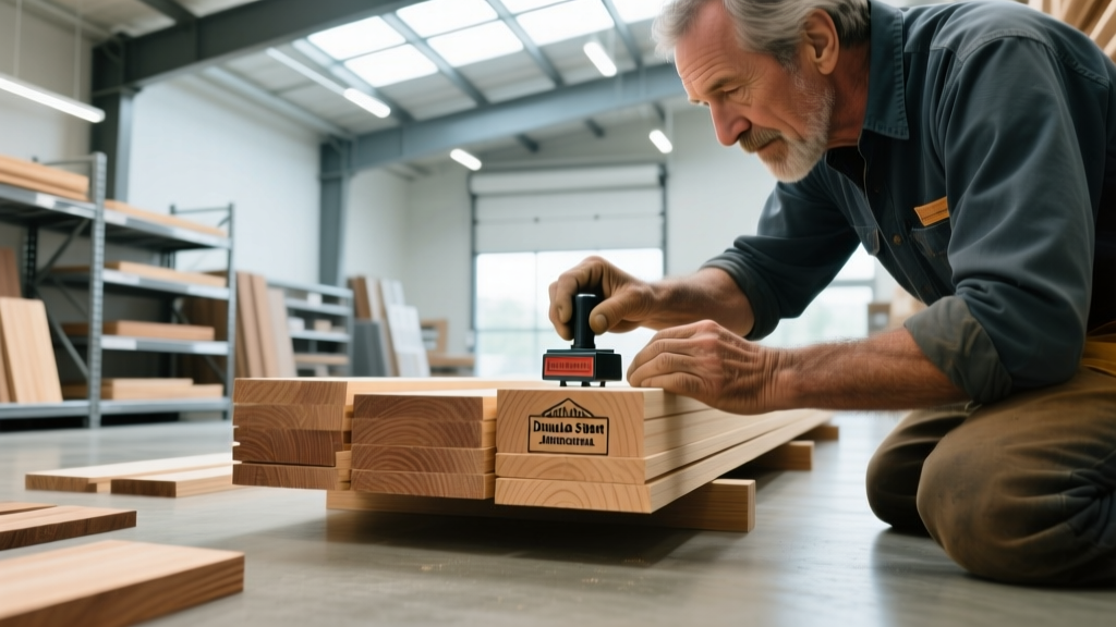 Close-up of a contractor reading a grading stamp on a stack of Douglas Fir dimensional lumber inside a brightly lit building materials retail store