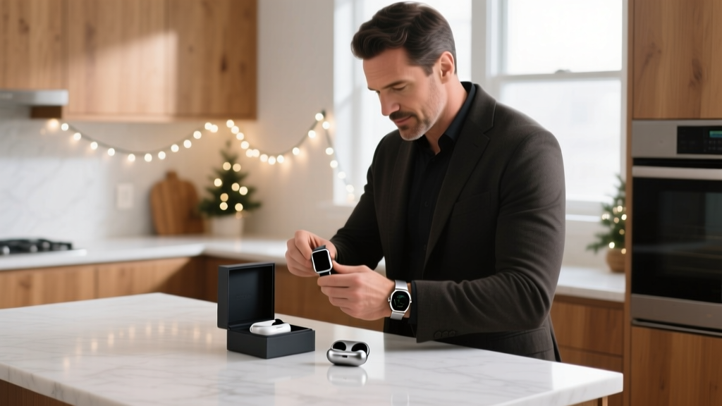 Man unboxing a smartwatch and wireless earbuds on a kitchen counter with subtle holiday string lights in the background