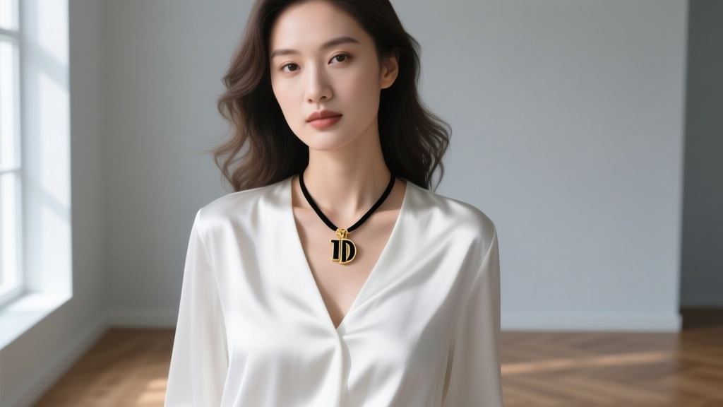 Woman wearing a delicate black and gold initial pendant necklace over a crisp white silk blouse in soft natural window light.