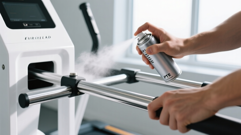 Hands applying PTFE dry lubricant spray to the aluminum guide rails of a white Euroco compact elliptical cross-trainer