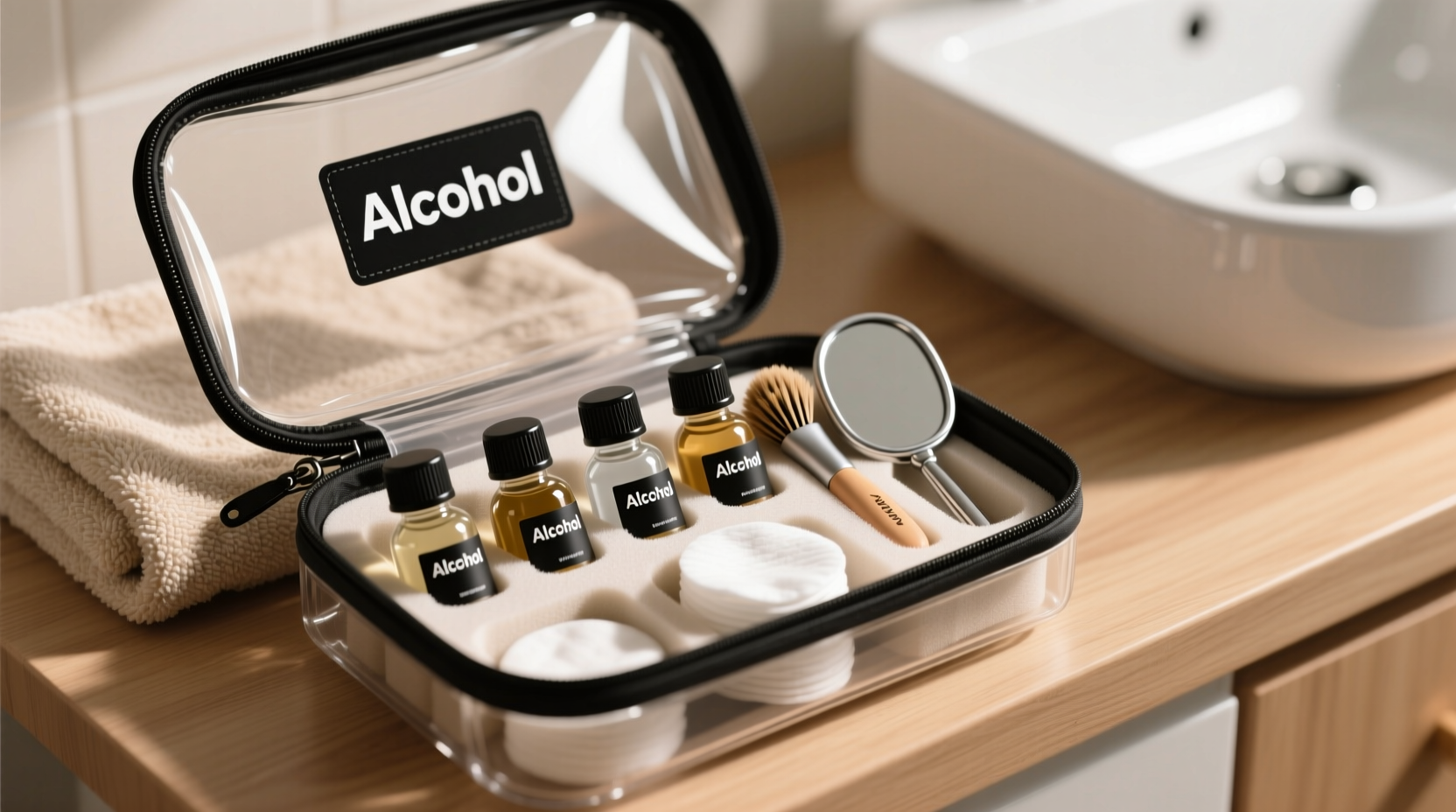 how to pack a travel-sized grooming kit with mini alcohol bottles