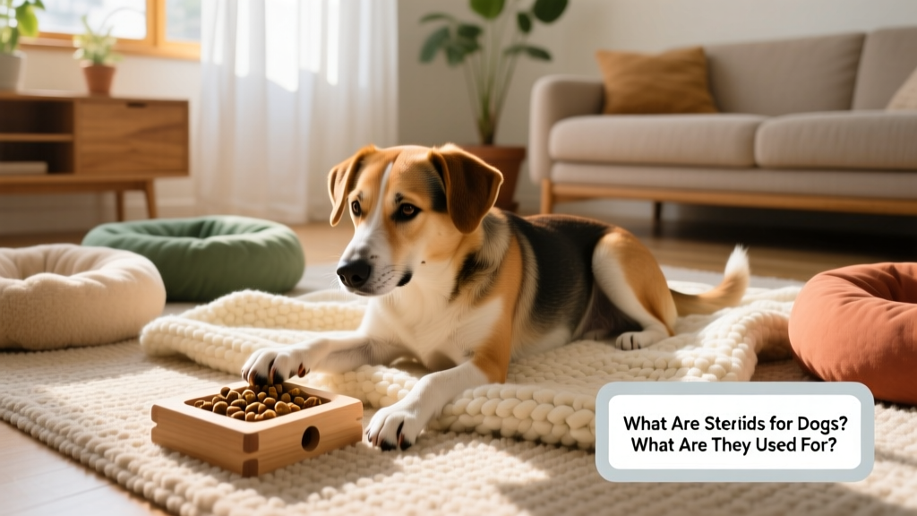 A relaxed dog playing indoors with a puzzle toy filled with treats, surrounded by soft bedding and natural light