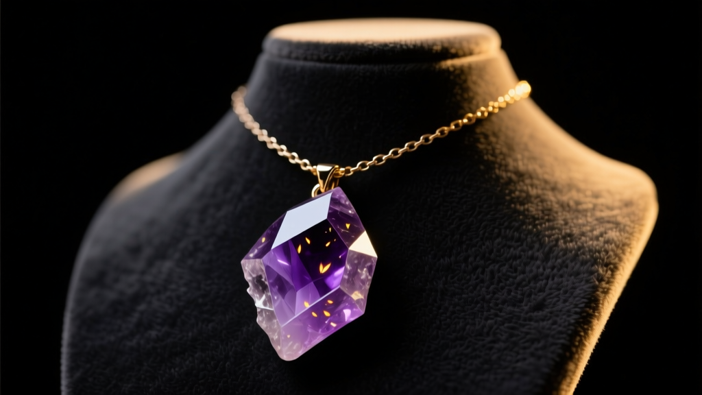 Close-up of an artisan necklace with an asymmetrical raw amethyst pendant on a dark velvet display bust in moody lighting.