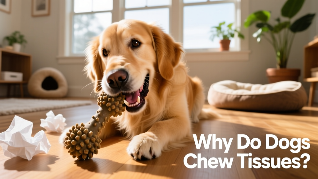 Dog happily chewing on a textured rubber toy instead of tissues