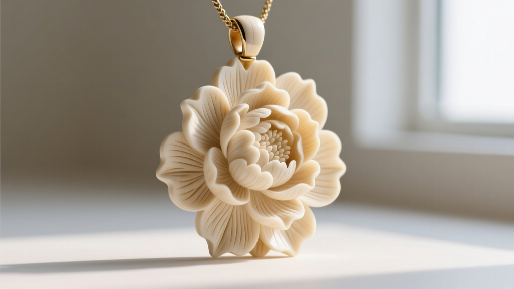 Carved bone peony pendant side view showing layered petal depth, natural grain, and smooth matte finish on a neutral backdrop.