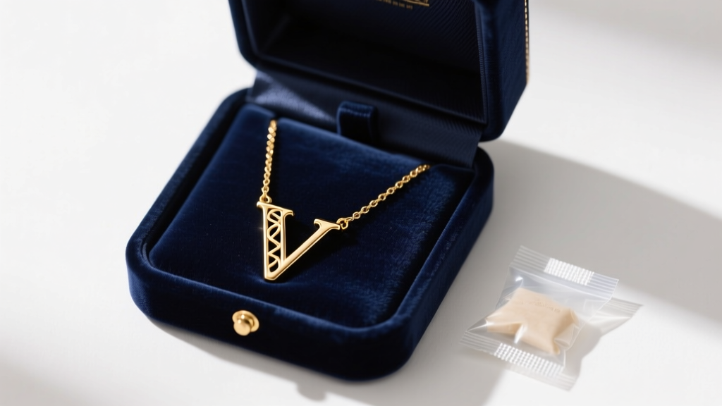Gold vermeil v initial necklace stored in a velvet anti-tarnish jewelry box next to a small silica gel packet and treated strip