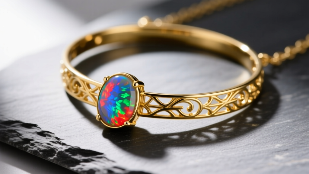 Close-up of 14k yellow gold necklace with bezel-set Ethiopian Welo opal pendant resting on soft slate surface in natural daylight