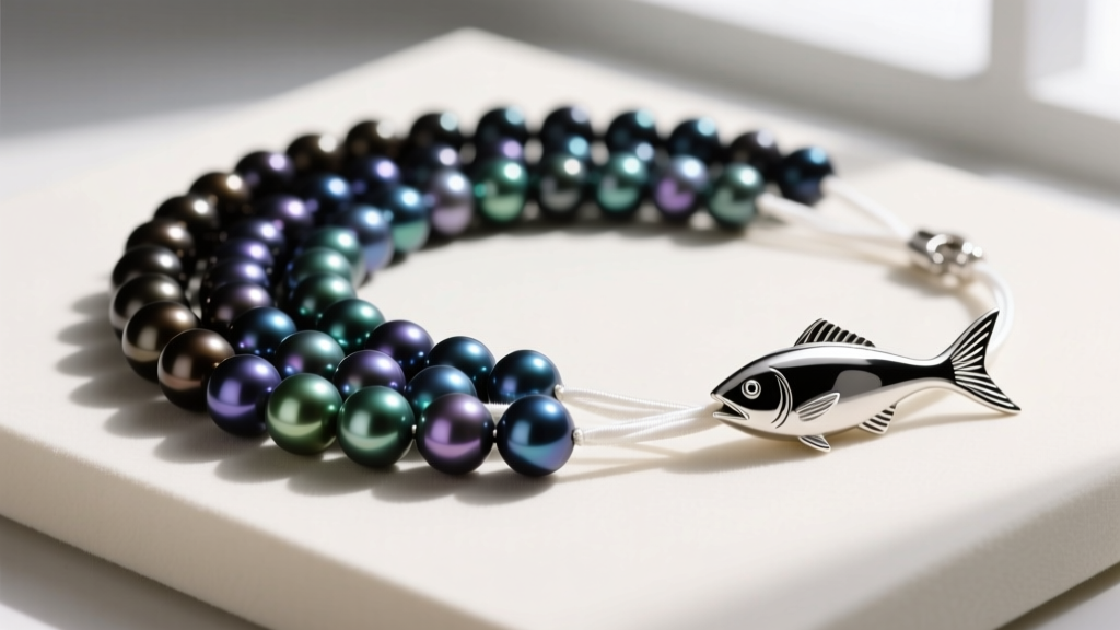Bead design board displaying a gradient of Tahitian black pearls next to a sterling silver fishhook clasp and white silk thread.