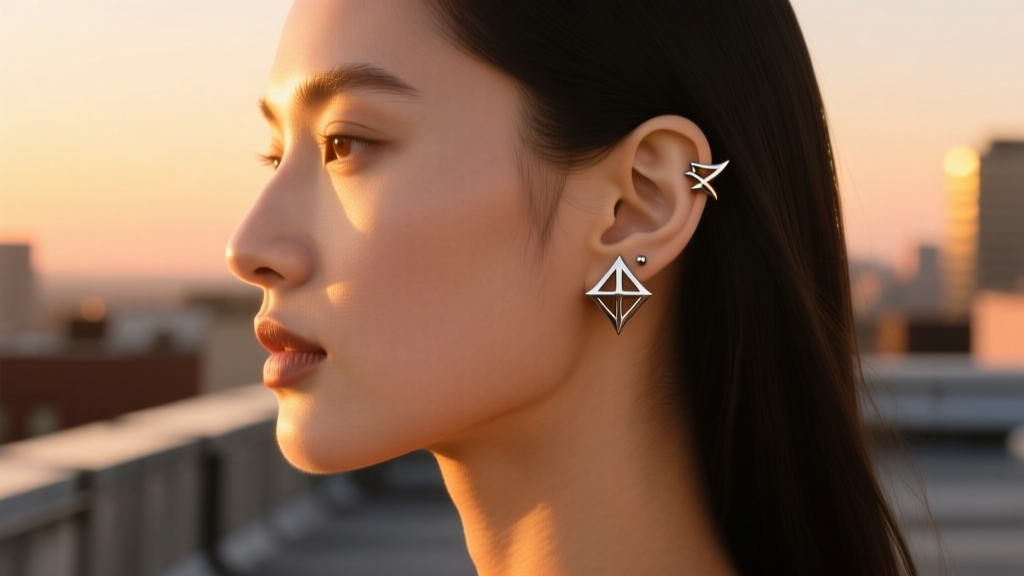 Side profile of a model wearing a 16-gauge titanium Triforce ear cuff on the upper helix cartilage, warm golden hour sunlight