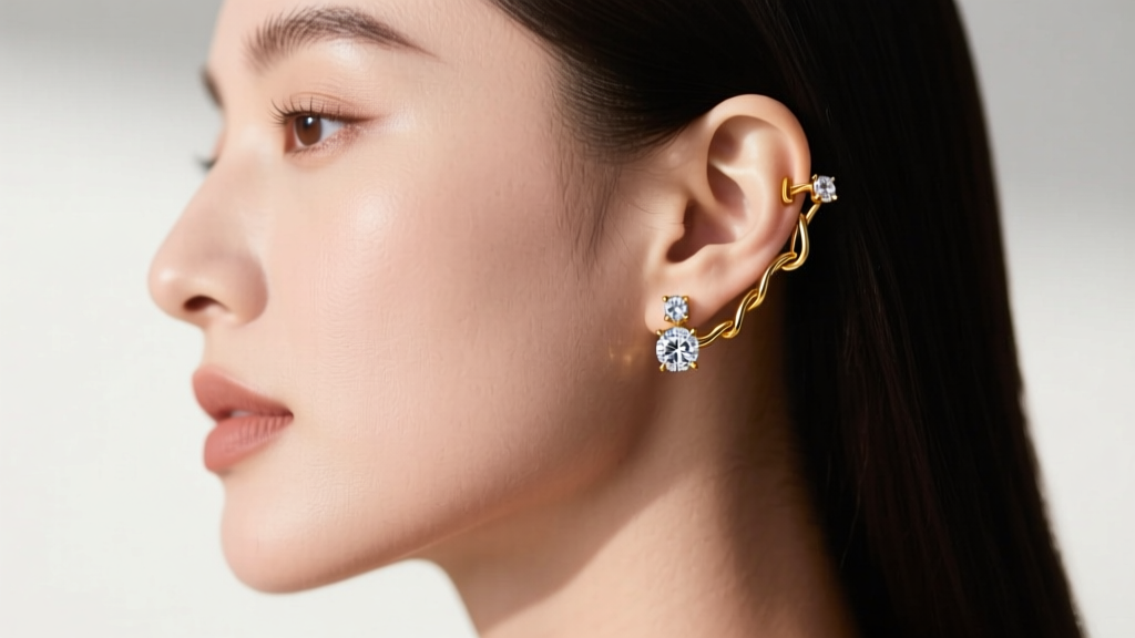 Side profile of a woman wearing 18k yellow gold lever back diamond earrings, highlighting the hinged wire behind the earlobe.