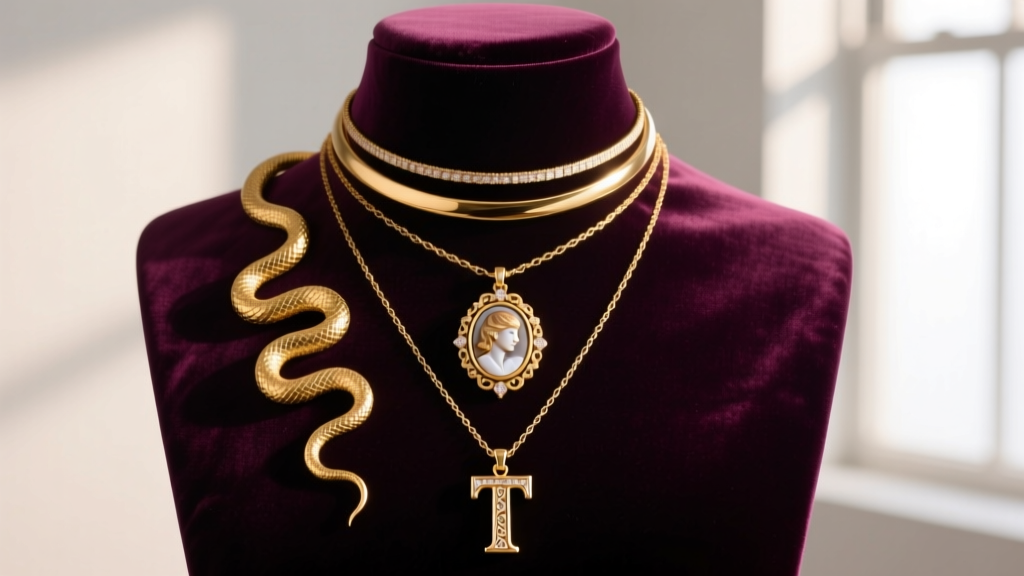 Taylor Swift inspired layered gold necklaces with vintage cameo, snake pendant, and delicate initial on a velvet mannequin bust