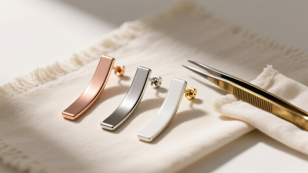 Flat lay of three long bar earring styles in rose gold, titanium, and white gold on linen cloth beside a brass jeweler's loupe.