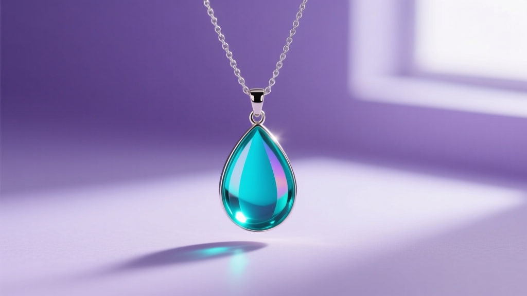 Teardrop mood necklace pendant on a silver chain glowing vibrant teal against a soft lavender background in studio lighting