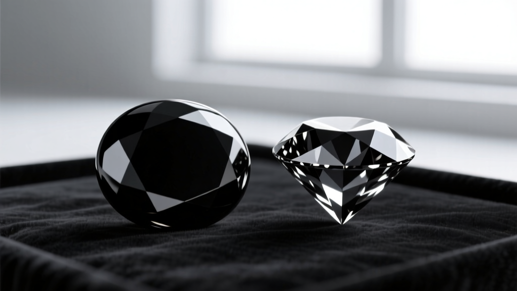 Macro shot comparing a smooth black onyx cabochon and a precision-cut black diamond, showing light reflection on dark velvet