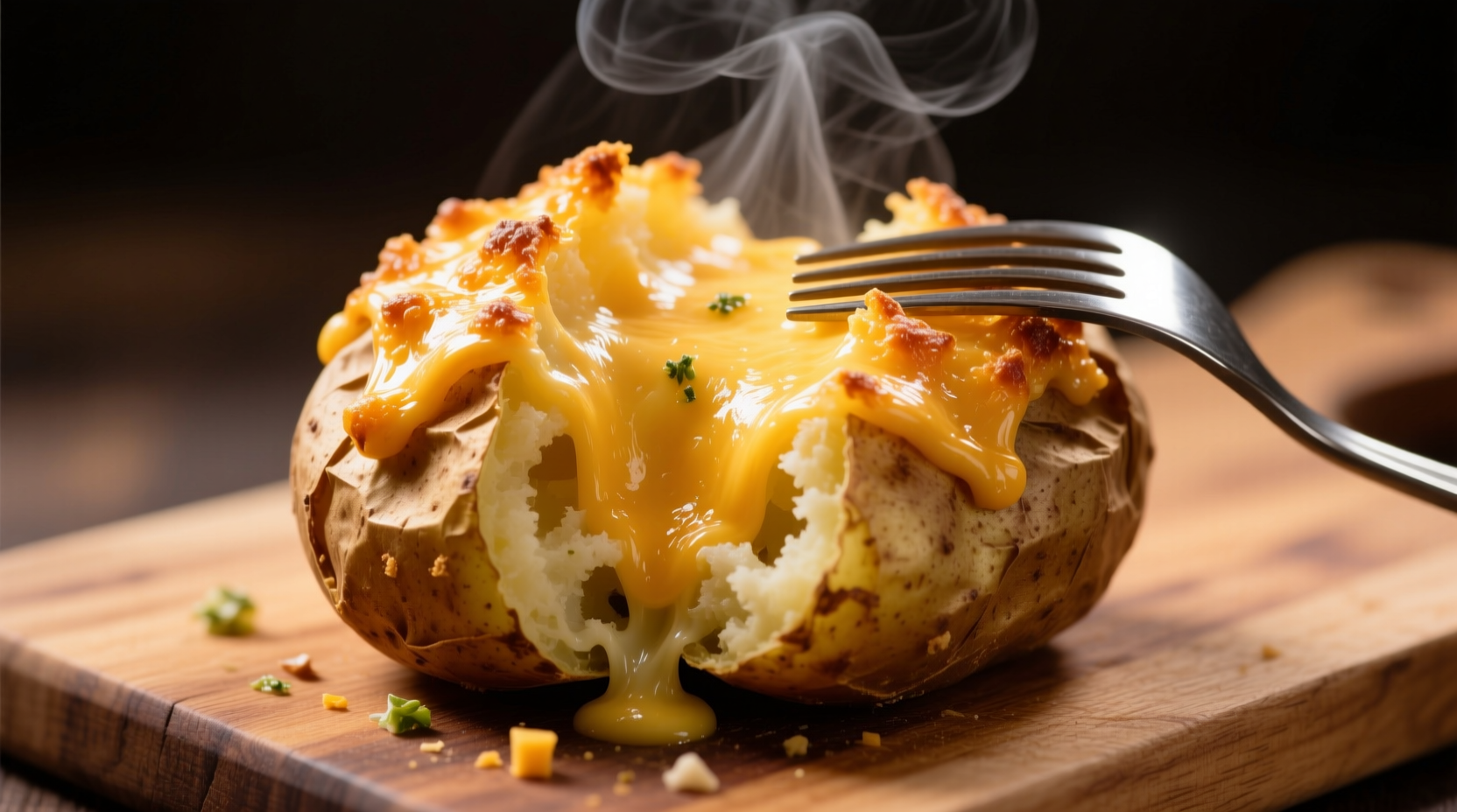 Golden baked potato with melted cheese topping