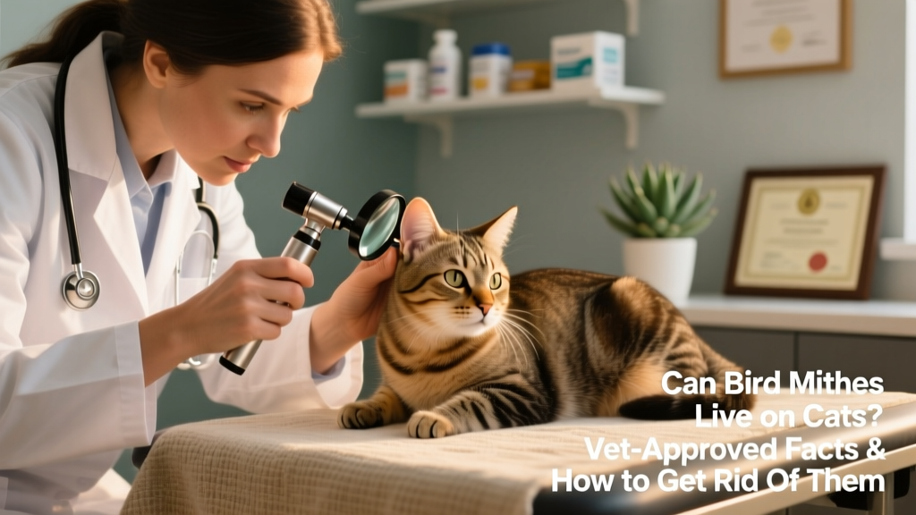 Veterinarian examining a cat’s ear with an otoscope while holding a magnifying lens