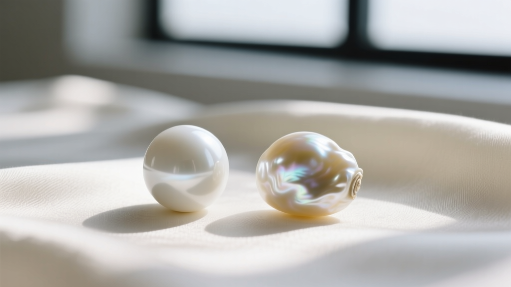 Macro shot comparing a round white ceramic bead and an irregular baroque freshwater pearl resting on a textured ivory silk fabric