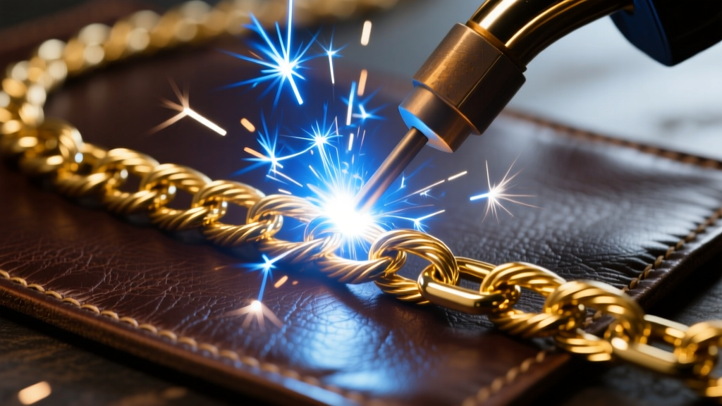 Close-up of a pulse arc welder sparking on a 14k gold cable chain, resting on a dark leather jeweler's bench in a sunlit studio